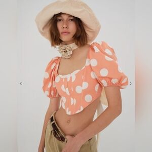 NWT For Love and Lemons Yasmin Blouse Peach and White Polkadot Crop Top